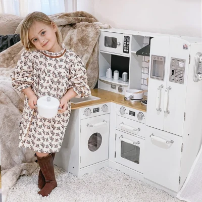 HOMCOM Cocina de Juguete de Madera para Niños de +3 Años con Sonidos 14 Accesorios Cocinita Infantil con Teléfono Fregadero Extraíble Microondas y Grifo 82x65x87 cm Blanco(m-8)