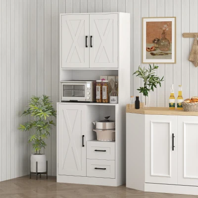 HOMCOM Armario de Cocina con Puertas Compartimentos Abiertos Cajones y Estantes Ajustables 70x40x180 cm Blanco