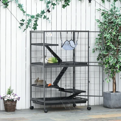 Pawhut Cage pour rongeurs Multifonction 4 Plateformes 3 rampes 4 Portes dim. 80L x 52l x 128H cm métal Gris argenté Noir