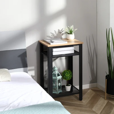 HOMCOM Mesa Auxiliar Mesita de Noche Estilo Industrial con 2 Estantes de Rejilla de Metal y Pies Ajustables para Salón Dormitorio 45x35x75 cm Roble y Negro