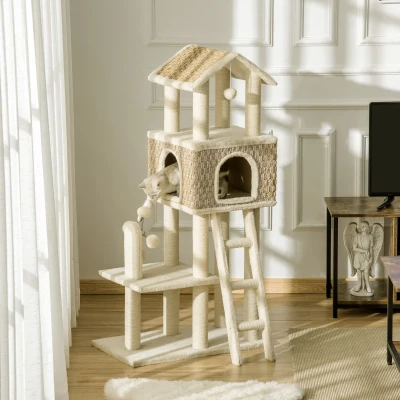 PawHut mit Katzenhöhle inkl. Spielzeug  Sisal Plüsch Khaki + Beige + Kaffee