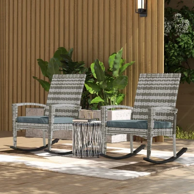 Outsunny Rattan Rocking Chair Set of 2 with Cushion Light Grey