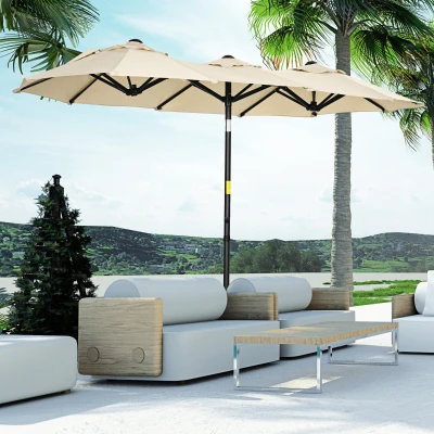 Outsunny Sonnenschirm, Gartenschirm, neigbar, mit Handkurbel, Winddach, Polyester+Stahl, khaki,295 x 152 cm