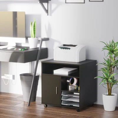 HOMCOM Druckerständer Druckertisch Bürowagen Rollwagen mit Schrank+Regale Spanlatte Schwarz 60 x 50 x 65,5 cm