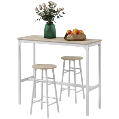 HOMCOM Mesa Alta de Cocina con Taburetes Marco de Acero Estilo Industrial Mesa Alta para Comedor Natural y Blanco(m-10)