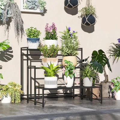 Outsunny Blumentopfständer, 3-stufiger Pflanzenständer in Treppenform, Blumentopfgestell für drinnen und draußen, Metall, Schwarz