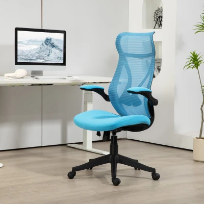 HOMCOM Silla de Oficina Giratoria con Altura Ajustable Reposabrazos Abatibles y Función de Basculante Carga 120 kg Azul Claro