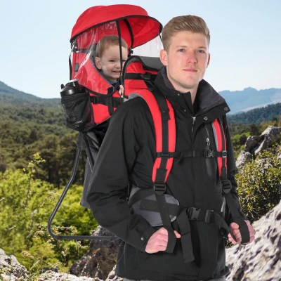 HOMCOM Portador de Bebés con Techo Impermeable Base de Soporte y Múltiples Bolsillos para 6-36 Meses 38x77x87,5 cm Rojo