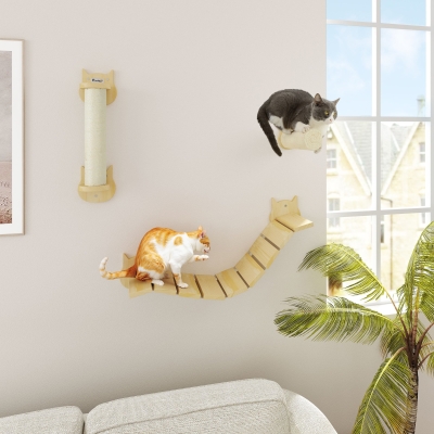 PawHut 3-teiliges Katzenkletter-Set, wandmontierter Katzenbaum mit Kratzpfosten, Stufe, Leiter, Naturholz