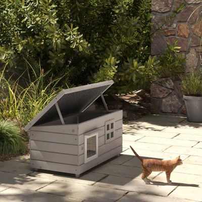 PawHut Katzenhaus Katzenhütte mit Asphaltdach Katzenhöhle Kleintierhaus mit Fenster für Katzen Hunde Outdoor Winterfest Tannenholz Grau Schwarz 87 x 52 x 44 cm
