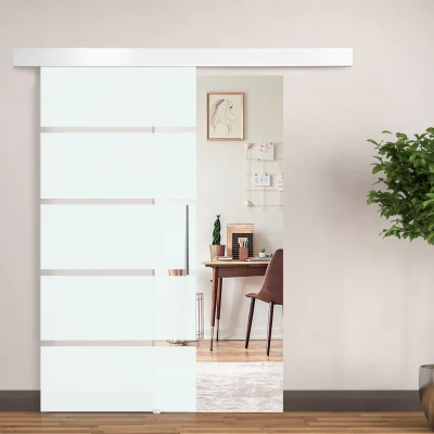 HOMCOM Puerta Corredera de Cristal 90x205 cm Puerta Corrediza Deslizante con Riel de Cristal de Seguridad Translúcido(m-2)