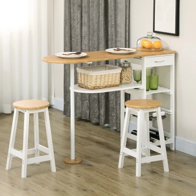 HOMCOM Set de Mesa de Bar de 119x38,5x88,5 cm con Cesta Extraíble y Botellero y 2 Taburetes de 29x29x55 cm Blanco