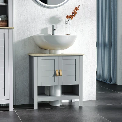 kleankin Armario para Debajo de Lavabo Compacto con 2 Puertas y Estante Interior Ajustable Mueble Auxiliar de Almacenamiento para Baño 60x30x60 cm Gris