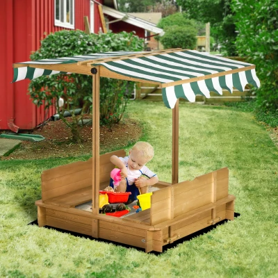 Outsunny Arenero Infantil con Toldo Ajustable en Altura 2 Bancos y Respaldos Desmontables para Patio 106x106x115 cm Natural