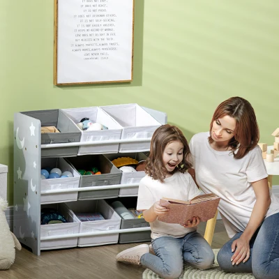 ZONEKIZ Organizador de Juguetes con 9 Cajas de Tela no Tejida Extraíbles para Dormitorio Guardería 63x30x60 cm Gris