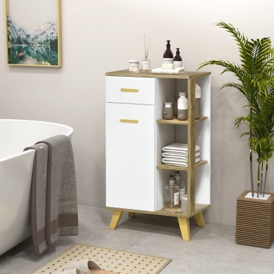 kleankin Meuble bas de salle de bain style scandinave 1 tiroir 1 placard et 3 étagères - 50 x 30 x 89 cm - blanc et naturel