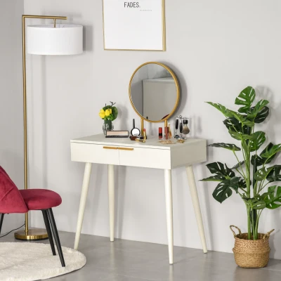 HOMCOM Tocador con Espejo Redondo Mesa de Maquillaje con 2 Cajones Estilo Moderno para Dormitorio Vestuario 80x40x123 cm Blanco