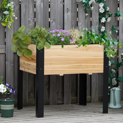 Outsunny Hochbeet Pflanzkasten Blumenkasten Blumentopf Kräuterbeet mit Vliesstoff Massivholz Stahl Natur+Schwarz 80 x 60 x 74 cm