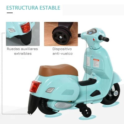 HOMCOM Motocicleta Infantil con Faro Bocina y 4 Ruedas Moto Eléctrica Vespa para Niños con Licencia 66,5x38x52 cm Verde(m-6)