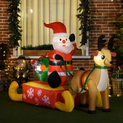 HOMCOM Aufblasbare Weihnachtsdeko, Weihnachtsmann mit Schlitten und Rentier, mit LED-Lichtern, für den Garten