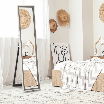 HOMCOM Espejo de Cuerpo Entero 157x37 cm Espejo de Pie o de Pared con Marco de MDF y Soporte Blanco y Gris