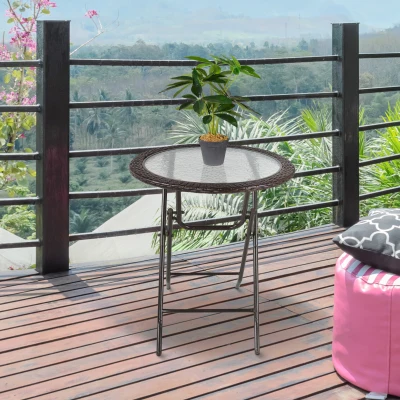 Outsunny Gartentisch, klappbar, Hartglastischplatte, Stahlrahmen, Rattan-Dekor, braun, 68 x 68 x 73 cm