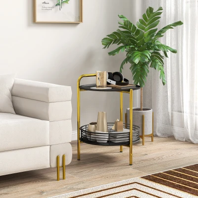 HOMCOM Beistelltisch 2-in-1 Design Industriedesign Serviertablett + Beistelltisch 1 Regal Stahl Gold + Schwarz