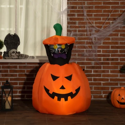 Outsunny Calabaza Inflable de Halloween con Gato Decoración de Halloween con Luces para Exterior 76x64x91-115 cm Naranja