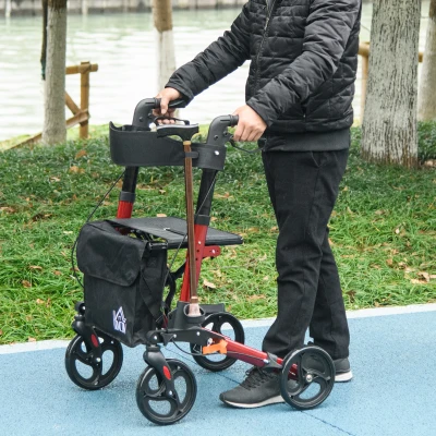 HOMCOM 4 Wheel Rollator with Seat Red, Adjustable Height