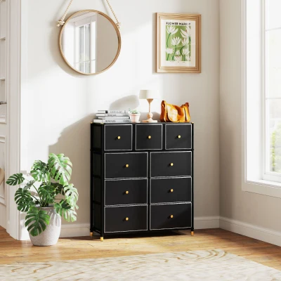 HOMCOM Cajonera de Tela con 9 Cajones Plegables con Frentes de Cuero PU y Marco de Acero Cajonera para Dormitorio Salón Negro