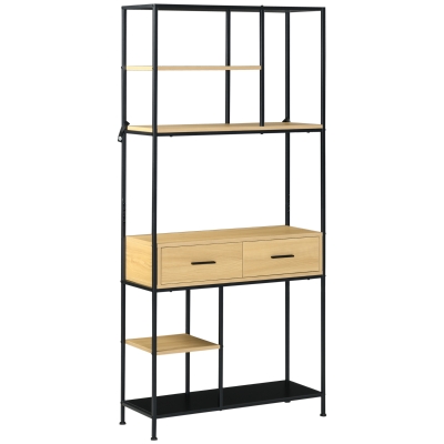 HOMCOM Estantería Estilo Industrial de 5 Niveles Mueble Estantes Almacenaje con 2 Cajones y Marco de Metal 80x30x170,5 cm Roble