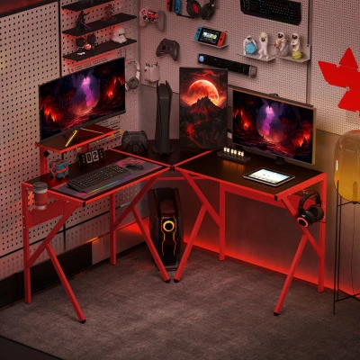 HOMCOM Computertisch mit höhenverstellbarer Monitorablage Schreibtisch mit Becherhalter Kopfhörerhaken L-förmiger Bürotisch mit K-Förmiger Beine Spanplatte Metall Schwarz+Rot 125 x 125 x 75 cm