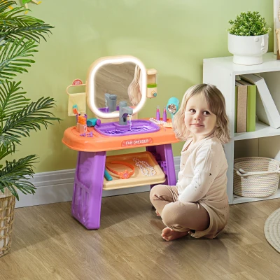 AIYAPLAY Kinderfrisiertisch mit LED-Spiegel, Musik, Wasserhahn, Acrylspiegel, Lila, 55x29x71 cm