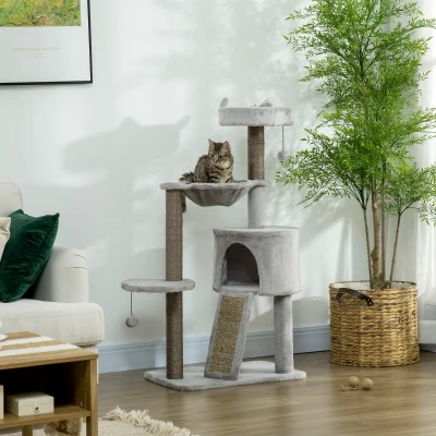 Pawhut Kratzbaum inkl. Katzenhöhle, Katzenbett, Katzenhängematte und Spielzeug 60 cm x 40 cm x 113 cm, Hellgrau