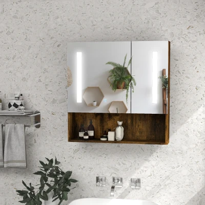 kleankin Mueble con Espejo de Pared con Estante Ajustable Interruptor Táctil y Color de Luz Ajustable 70x15x70 cm Marrón Rústico
