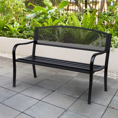 Outsunny Banc Jardin 3 Places Métal Noir Anticorrosion