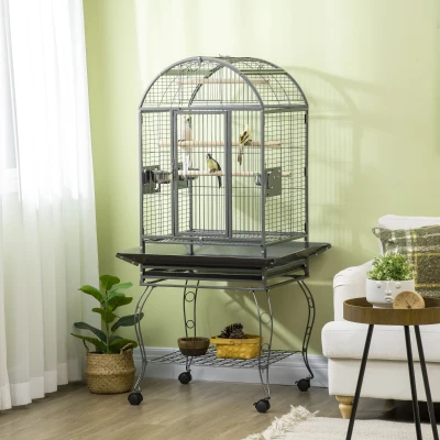 PawHut Jaula de Pájaros Metálica con Soporte con Ruedas 2 Puertas Perchas y Rejilla Deslizable 80x76,5x168cm Gris Oscuro