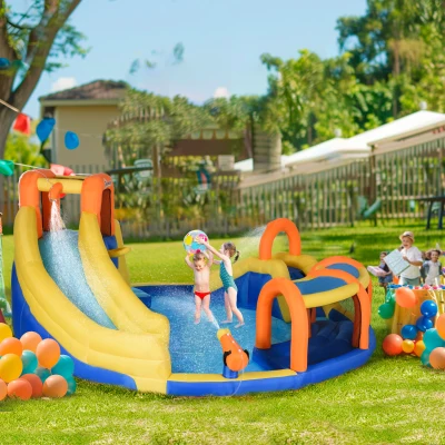 Outsunny Castillo Inflable para Niños de 3-8 Años con Cesta de Baloncesto Piscina y Bolsa de Transporte 435x435x200 cm Multicolor