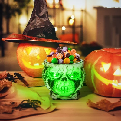 HOMCOM Halloweendekoration, Skelett-Süßigkeitenschale, leuchtende Augen, unheimliches Heulen, Grau/Schwarz