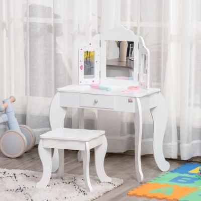 HOMCOM Kinderschminktisch mit Hocker Frisiertisch Frisierkommode mit Schublade Spiegel für Mädchen Akryl Rosa+Weiß 63 x 40 x 85,5 cm