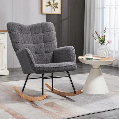 HOMCOM Berber Fleece Rocking Chair Wingback Dark Grey