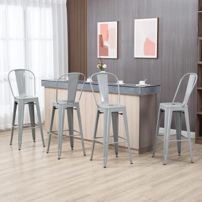 HOMCOM Juego de 4 Taburetes Altos de Cocina de Acero con Respaldo Alto y Reposapiés para Comedor 44x46x116 cm Gris Plata