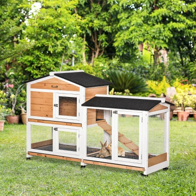 PawHut Clapier Lapins Bois 2 Étages Roulettes Jaune