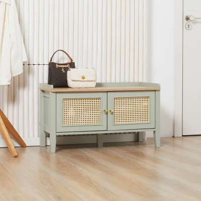 HOMCOM Sitzbank mit Stauraum, Schuhschrank mit Sitzbank, Rattangeflecht, Natur + Grün + Gold