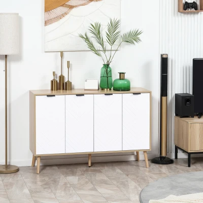 HOMCOM Mueble Buffet Auxiliar con Estantes Ajustables 2 Armarios y Antivuelco Carga 50 kg 120x35x77,4 cm Blanco y Natural
