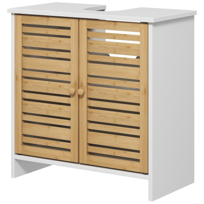 HOMCOM Meuble Sous Vasque Bambou Blanc 60x30x60cm 2 Portes