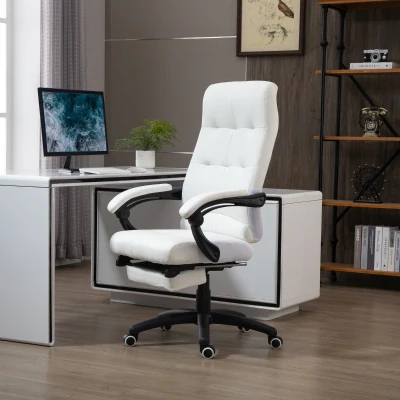 Vinsetto Silla de Oficina Giratoria Silla de Escritorio Reclinable Silla de Estudio Tapizada de PU con Altura Ajustable Reposabrazos Reposapiés 65x65x118-125 cm Blanco