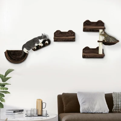 PawHut 4PC Cat Shelves w/ Scratching Post & Hammock Brown