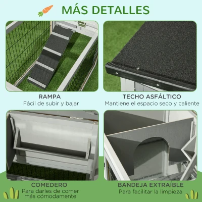 PawHut Conejera Exterior de Madera 150x52x68 cm Jaula para Conejos Grande con Techo Abatible Bandeja Extraíble y Rampa Gris(m-7)