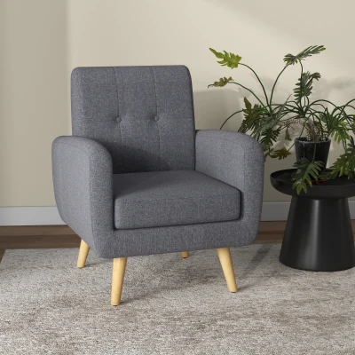 HOMCOM Sessel im Skandi-Design, Akzentsessel, Knopfheftung, Natur + Hellgrau